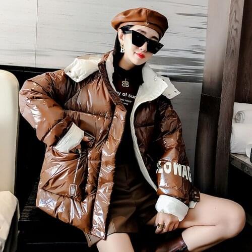 5 Colors Winter Women Hooded Glossy Down Cotton-Padded jacket Thicken Letter Print Contrast Color Liner Woman Warm Parkas Coat