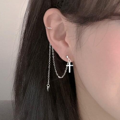 6 Styles Cross Tassel Earring Star Rhinestone Long Chain Earrings For Women Fake Helix Piercing Ear Cuff Hoop Ring Party Jewelry