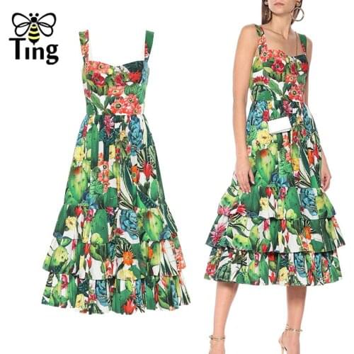 Tingfly Designer Vogue Tropical Print Strap Ruffles Layered Midi Long Party Dinner Dresses Vintage Summer Cold Shoulder Vestiti
