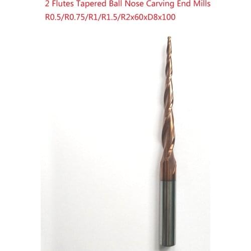 1pc R0.5/R0.75/R1/R1.5/R2*D8*60*100L*2F HRC55 solid carbide Tapered Ball Nose Carving End Mills CNC milling cutters
