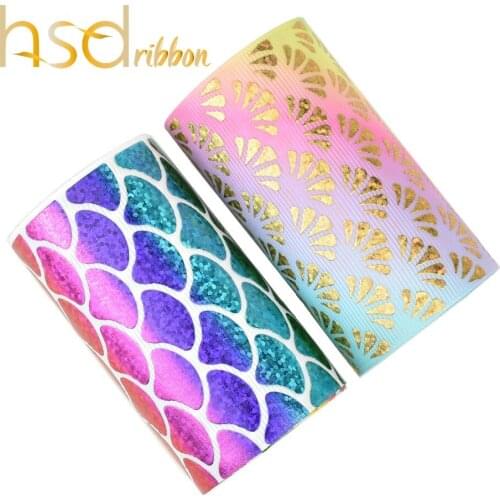 HSDRibbon 75MM 3 inch Classic scales pattern hologram rainbow gold Foil Printed Grosgrain Ribbon