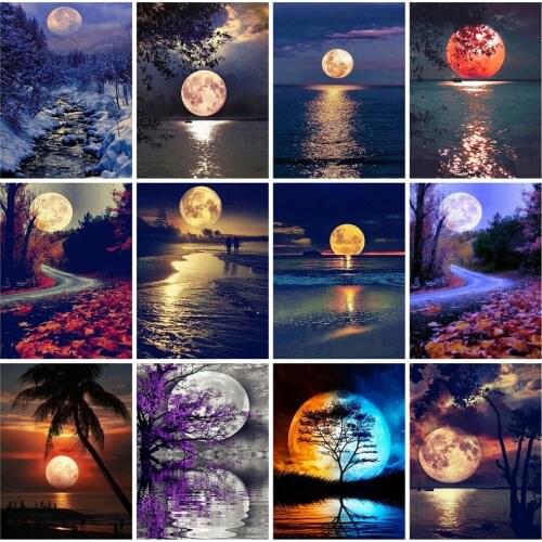 HUACAN 5D Diamond Painting Seaside Full Square Moon Diamond Embroidery Mosaic Sale Landscape Decor For Home