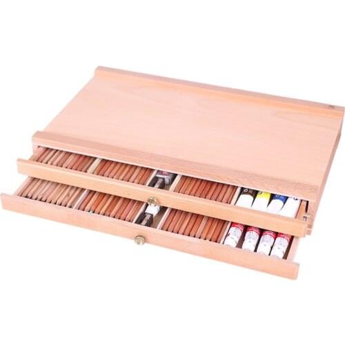 Artist Tabletop Wooden Desktop Portable Easel Beech Painting Box with Three Layer Drawers for Painting Hardware Art Supplies