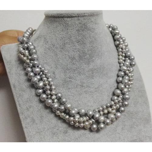 Handmade Natual Pearl Jewellery 4 Strings Twisted 4-9mm Gray Real Freshwater Pearls Necklace New Free Shipping