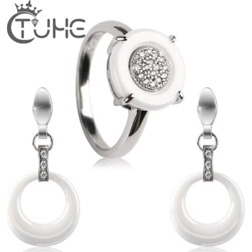 New 3MM Width Ceramic Rings Round Pendant Earrings Jewelry Sets Exquisite Circle Ceramic Rings With CZ Rhinstone Stud Earrings
