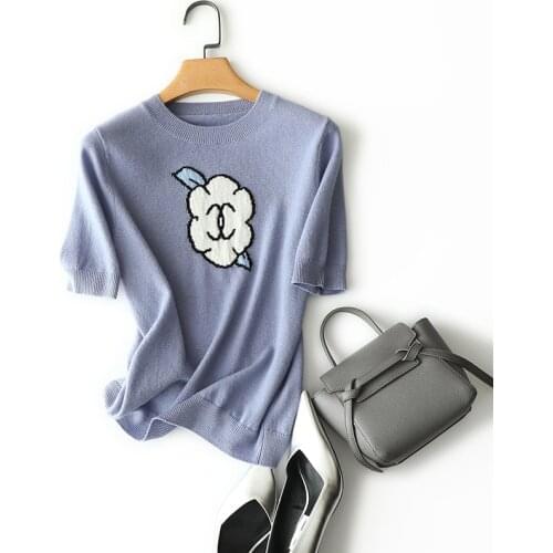 Spring autumn new arrival cashmere wool sweater vintage embroidery flower pattern pullovers knitted cute short sleeve crew neck