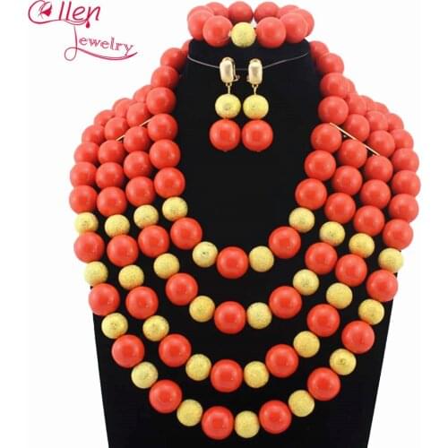 New nigerian Wedding Orange Coral Beads Big Round Beads 4 layers Jewelry Set African Costume beads Jewelry Sets W13502