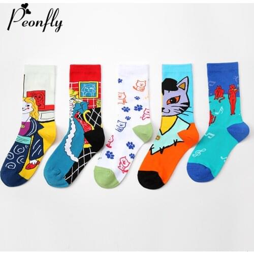 PEONFLY Funny Cartoon Cat Pattern Women Cotton Happy Socks Short Hipster Harajuku Casual Creative Socks Art Novelty Socks
