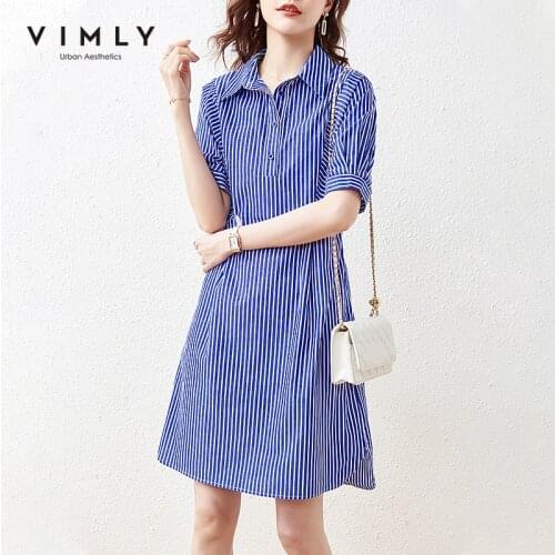 VIMLY Stripe Dresses For Women Fashion New Turn Down Collar Shirt Dress Elegant Short Sleeve Dresses Female Vestidos F7069