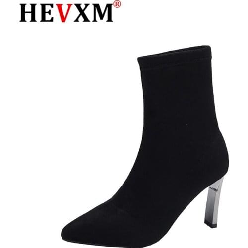 HOT Mid-barrel Boots Elastic Boots Pointed Toe Thin Heels For Women Mujer Black Ankle Stretch Fabric Winter High Heel Boots Rome