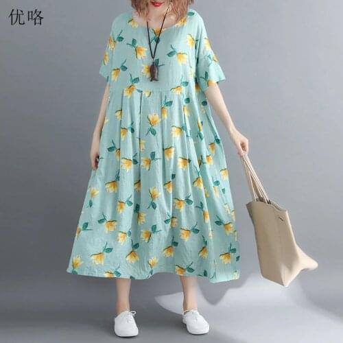 Women Large Siz Sundress 4XL 5XL 6XL 7XL 8XL Summer Fashion Big Swing Floral Printed Cotton Dress Casual Loose Long Dresses 2019