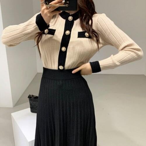 Chic French Autumn Winter New Womens Set 2 Piece O Neck Full Slim Knitted Sweater Cardigan Coat Knitted Ploeated Skirt Retro