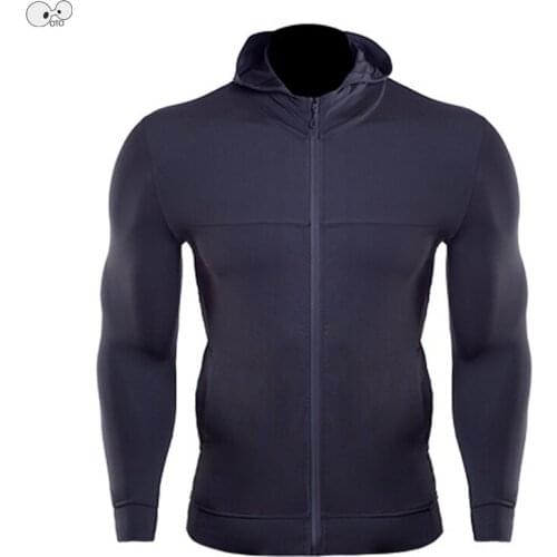 Thin Compression Tight Workout Hooded Jackets Mens Running Sweatshirts Zipper Fitness Top Bodybuilding Gym Clothing Hoody Coat