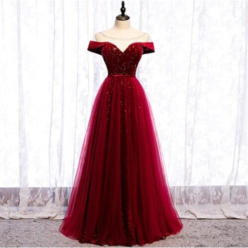 Robe De Soiree Sequined A-LINE Evening Dress New Style Scoop Neck Burgundy Evening Dresses Long Dress Party Vestido De Festa