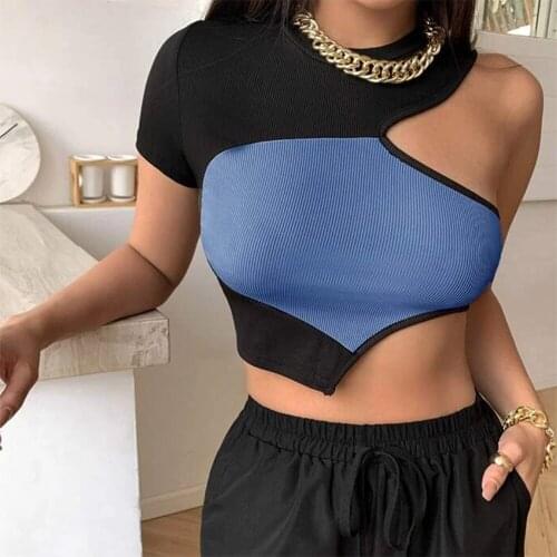 Sexy Knitted Hollow Out One Shoulder Crop Tops T Shirts Women Summer O Neck Short Sleeve Patchwork Tshirt Stretch Tee Clothes