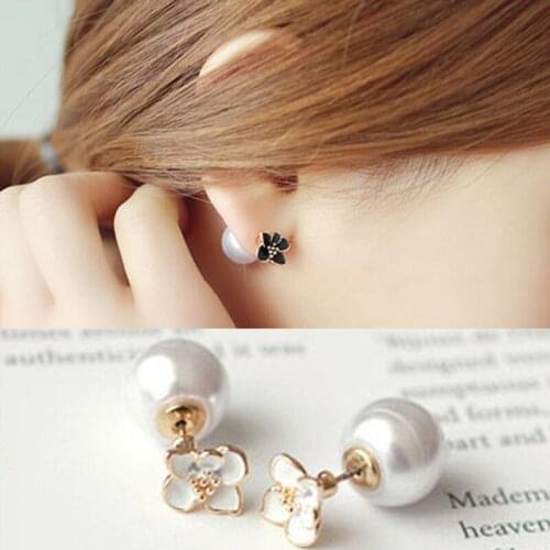 Double Sided Simulated Pearl Ball Studs Earrings Daisy Flower Statement Earrings For Women Black White Color Two Side Ladies Ear