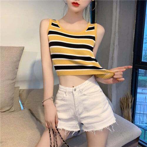 Women Tanks Tops Colorful Striped Spaghetti Straps Top Womens Knitted Summer Vest Camis Crop Top For Women