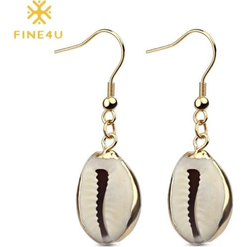 FINE4U E077 Gold Color Natural Sea Shell Dangle Earrings For Women Summer Beach Shells Drop Earrings 2019 Trendy Bohemia Jewelry