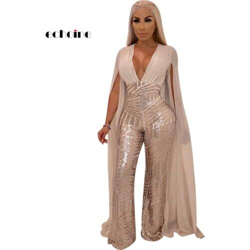 Echoine Women Jumpsuit Sexy Sequin Patchwork Cape Sleeve Deep V-Neck Slim Long Wide Leg Pant Fashion Evening Club Female Rompers