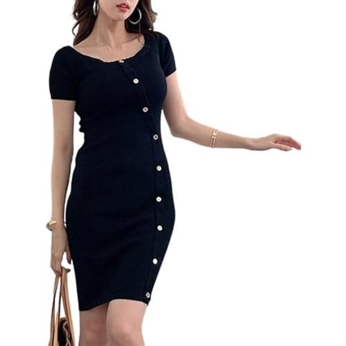 Women Elegant Knitted Short Sleeve Off Shoulder Waist Tight Bodycon Mini Dress Work Party Pencil Dresses Knee-length Dress