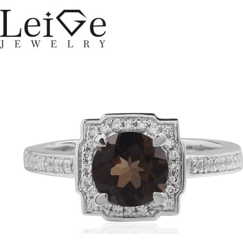 Leige Jewelry Smoky Quartz Rings Brown Gemstone Round Cut Halo For Woman 925 Sterling Silver Romantic Gift Ring