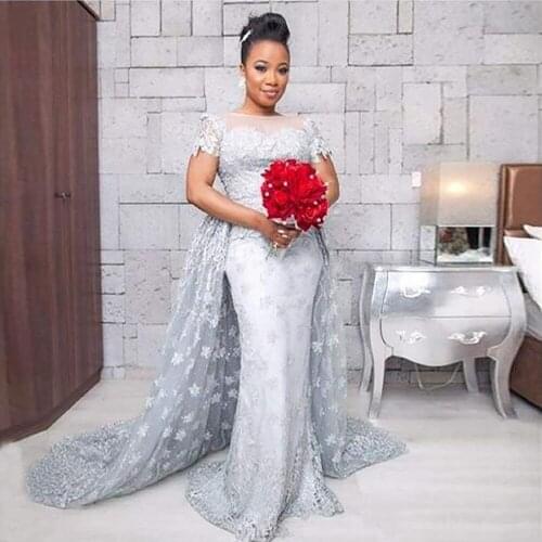 237 Silver Fashion Boat-Neck Natural Mermaid/Trumpet Floor-Length Lace Long Wedding Party Dresses/Women Gowns Bead Free Shipping