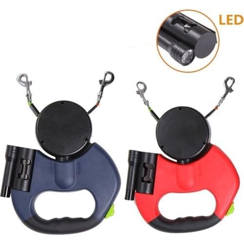 2020 Dual Dog Retractable Leash Double Head Adjustable Puppy Traction Rope with LED Light, Pet Garbage Bag