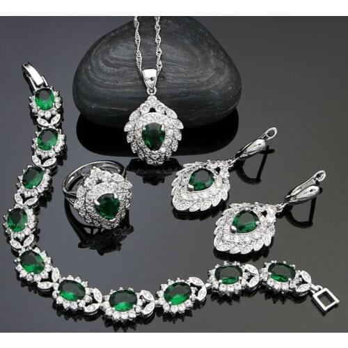 925 Silver Bridal Jewelry Sets for Women Natural Green CZ White Crystal Earrings/Pendant/Ring/Bracelet/Necklace Set