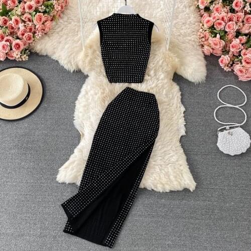 Sparkling hot diamond skirt high waist sexy package hip split mid-length skirt stand-up collar T-shirt two-piece suit summer
