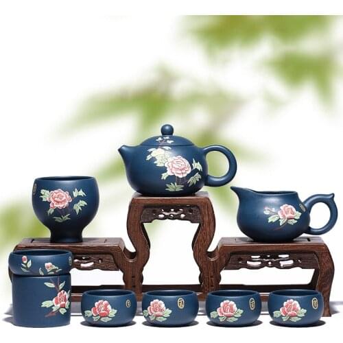 Yixing genuine purple clay pot Original ore green clay full hand-made flower blooming rich Xi Shi pot Chinese Kung Fu TeaSetsuit