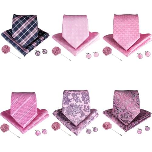 DiBanGu Hot Sale Pink Tie Hanky Cufflinks Brooch Set Neck Ties For Men Wedding Party Formal Silk Necktie Mens Tie Set