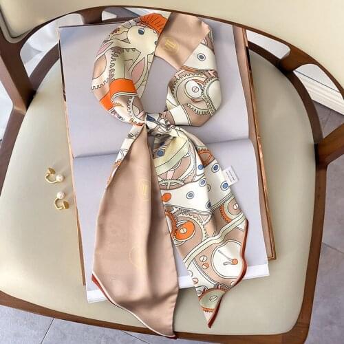 KOI LEAPING Aesthetic printing long silk scarf female multi-function decorative scarf headband tie wrist strap bag belt