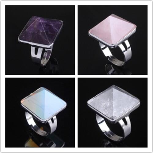 KFT Natural Stone Resizable Square Pyramid Rings Healing Crystal Quartz Amethysts Opal Black Agates Stone Finger Ring Jewelry