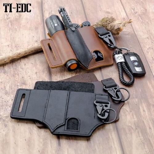 EDC Leather Sheath, Knife Belt Sheath/Leather Flashlight Holster/for Multitools Sheath, Handmade 3 Pockets Organizer Sheath fo