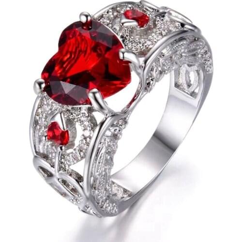 Red Rhinestone Heart Shape Silver Color Wedding Rings for Women Luxury Woman Ring Bridal Jewelry Engagement Accessories