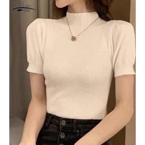 Short Puff Sleeve Summer Knitted Shirts Women 2021 Solid Half Turtleneck O Neck Blouse Female Loose Casual Cotton Lady Top 10375