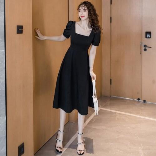 Fashion Women Short Sleeve dress casual high waist Square collar Midi Dress Ladies Summer Black Dresses 2021 New dress