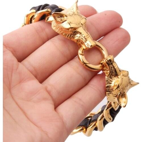 Mens Rock Rolling Gold Stainless Steel Curb Chain Black Leather Braided Wolf Bracelet 16mm 8.66" Heavy