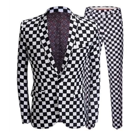 Men Plaid Suits Sets Trendy Black And White Nightclub Bar Male Host Singer Stage Costumes Wedding Dress