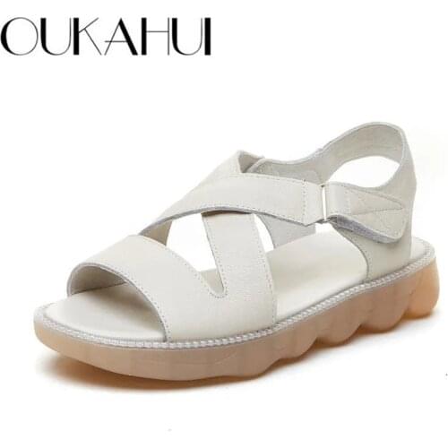 OUKAHUI The New 2021 Fashion Genuine Leather Sandals For Women 2021 Low Heel Open Toe Hook Loop Soft Leisure Ladies Flat Sandals