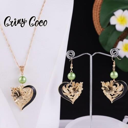 Cring Coco Heart Pendant Necklace Set High Quality Hibiscus Flowers Earrings Necklace Trend Hawaiian Jewelry Sets for Women 2021