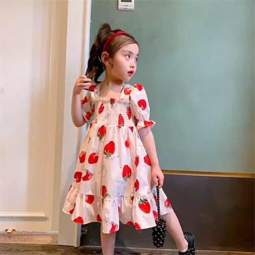 Girls Dresses 2021 Summer Short-sleeved Cotton Dress for Childrens Clothing Princess Kids Strawberry Print Beach Holiday Dress