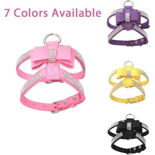 Adjustable Shining Diamonds Kawaii Dog Leash Harness Set Suit Soft Suede Fabric Rhinestone Pet Collar Harnesses For Dog Products