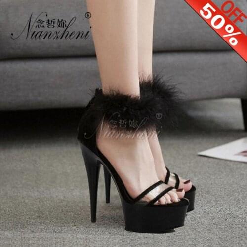 Fashion Plus Size Summer Feather high heels 15cm pole dancing sandals 6 inch Dress Cover Heel Platform Flower dancer shoes