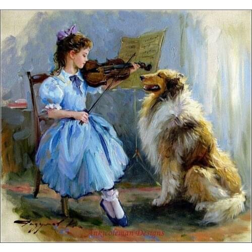 Counted Cross Stitch Kits Needlework Embroidery - 14 ct Aida DMC Color DIY Arts Handmade Home Decor - Girl Playing Music