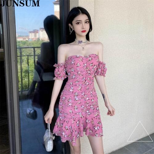 Sexy Off Shoulder Mini Women Dress 2020 Summer New Elegant Slim Waist Chiffon Floral Dress Fashion Elegant Korean Ruffle Dresses