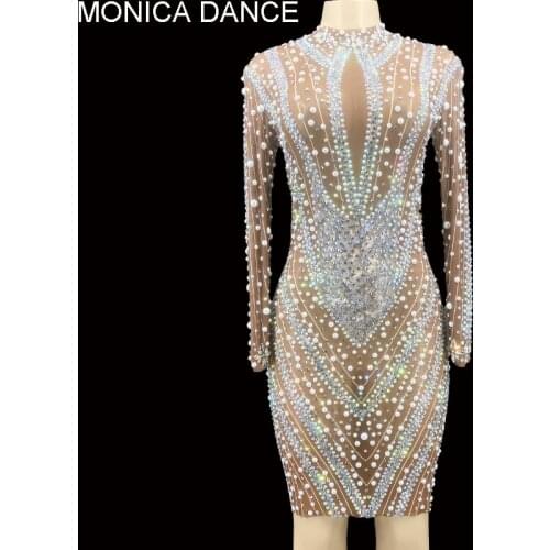 Sexy Stage Sparkly Pearls Rhinestones Short Dress Fashion Prom Evening Sexy See Through Crystals Birthday Wedding Party Dress