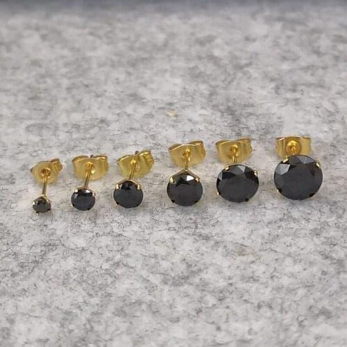 Black AAA Zircon 316 L Stainless Steel Brief Stud Earrings For Men And Women Size Frome 3mm to 8mm