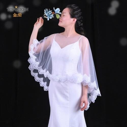 TOPQUEEN G32 Wedding Jackets Tulle Lace Applique Elegant Wedding Capes Bridal Wraps white/ivory tulle Wedding Shrug Bolero Shawl