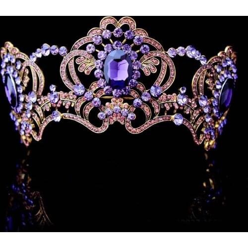 Baroque Purple Flower Crystal Bridal Tiaras Crown For Bride Gold Color Rhinestone Diadem Crown Headband Wedding Hair Accessories